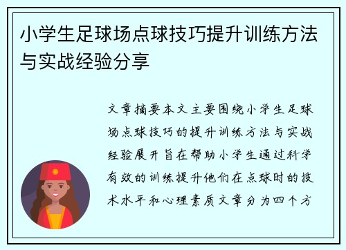 小学生足球场点球技巧提升训练方法与实战经验分享